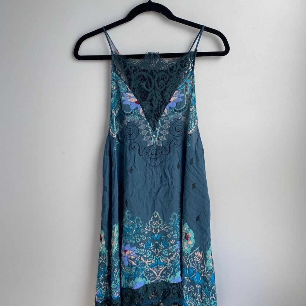 Free People Teal Lace-Trim Floral Slip Dress